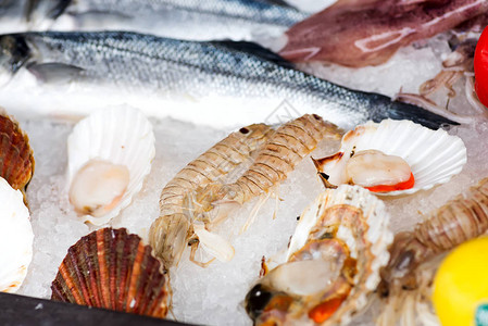 新鲜的牡蛎和虾在海鲜餐厅的冰上展出图片