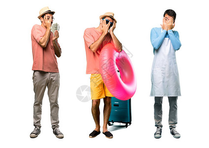 一群有账单的男人厨师和戴着帽子和太阳镜的男人在暑假里用手遮住眼图片