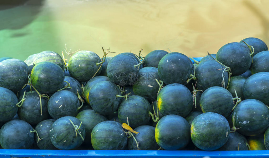 农产品西瓜在越南湄公河三角洲区域浮动市场的船只上交易b图片