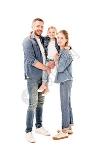 穿着牛仔裤的快乐父母全长视光女儿被图片