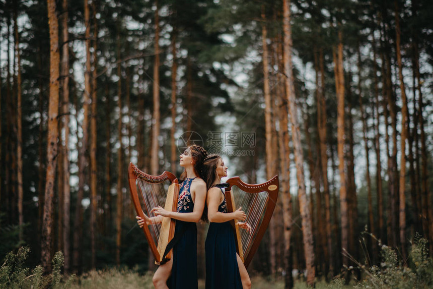两名女竖琴手站在森林里图片