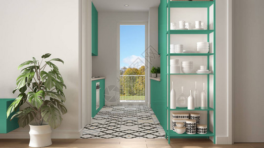 现代白色和绿松石色的简约客厅图片