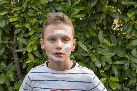 在树篱前脸上涂着石膏的男孩背景图片