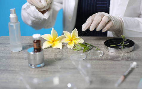 天然有机植物学和科学玻璃器皿替代草药天然护肤美容产品研发理念的生物图片