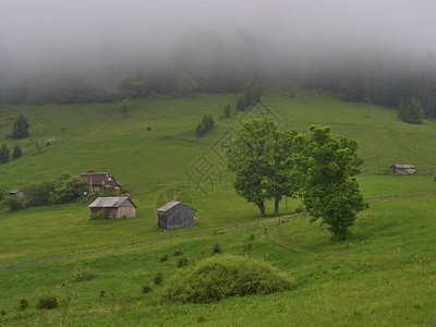 雾中的山景山里的房子荒野上的古老鬼屋荒地中间的木屋风景秀图片