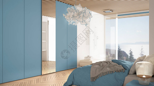 简约的蓝色卧室位于现代空间图片