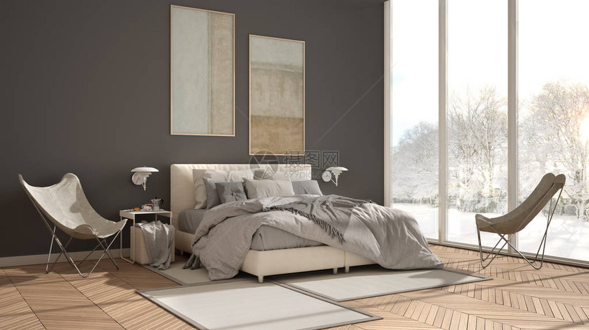 现代白色和灰色简约卧室带枕头和毯子的床镶木地板床头柜和地毯带树木和雪的冬季全景的全景窗图片