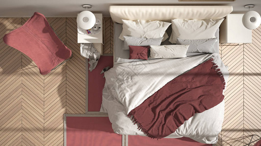 现代红色简约卧室带枕头和毯子的床人字形镶木地板床头柜扶手椅和地毯图片