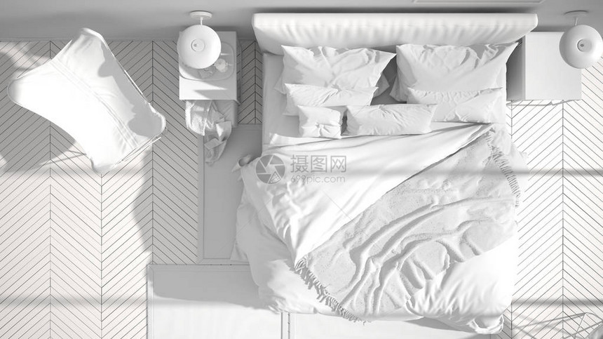 简约卧室带枕头和毯子的床镶木地板床头柜和地毯大全景窗户现代建筑概念理顶视图图片