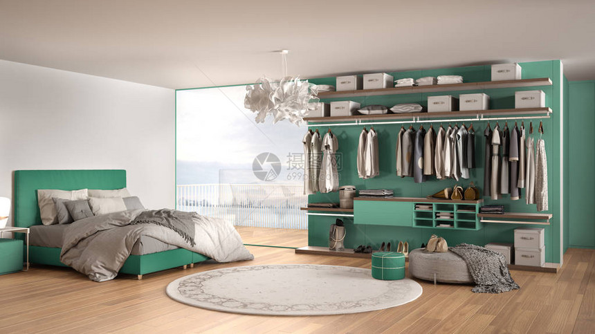 豪华的白色和绿松石色现代卧室图片