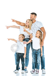 快乐的父母和孩子用手指对着手指看图片