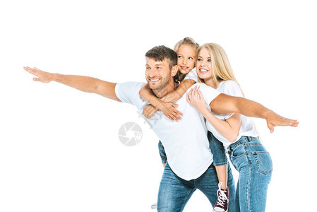 快乐的父亲用伸展的手亲近女儿和妻子孤图片