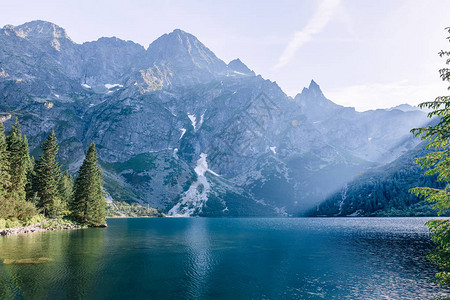 山中的湖水蓝色岩石的山峰背景图片