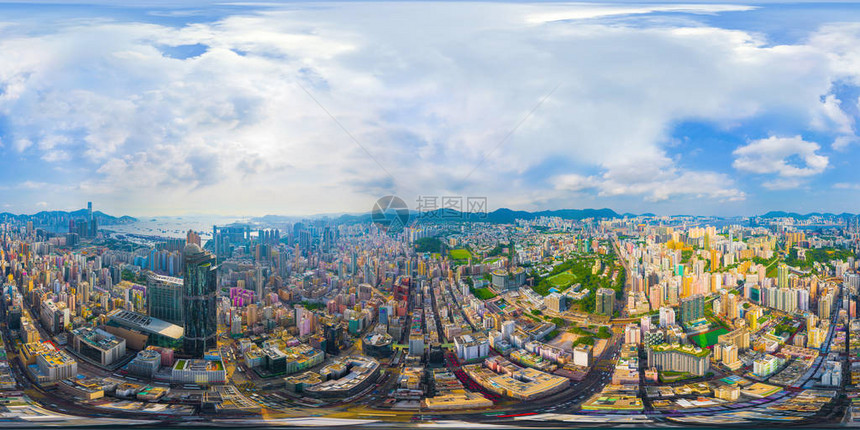 香港市中心鸟瞰图360度全景180度角无缝全景智慧城市的金融区和商业中心摩天大楼和图片