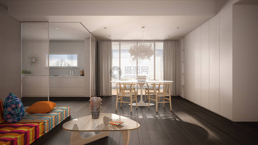 现代色彩缤纷的客厅配有厨房和餐桌带枕头的沙发咖啡桌大全景窗户吊灯镶木地板白色和灰色的图片