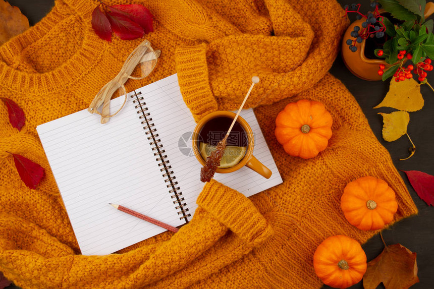 平整的秋天配上秋叶热茶杯和暖羊毛橙色毛衣图片
