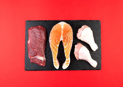 肉鱼和鸡肉高蛋白和健康食品生酮饮食的成分小牛肉排鲑鱼和鸡腿在红色背景的砧背景图片