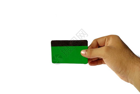 手持白色背景的空白绿色信用卡Finance背景图片