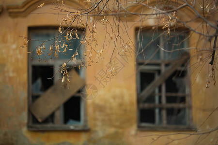 沃罗涅日在一栋废弃旧房子的模糊窗户背景上背景