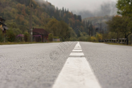 早上的山路湿漉的中间有白色的痕迹背景图片