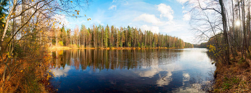 秋季海岸的全景在森林湖水中反射而图片