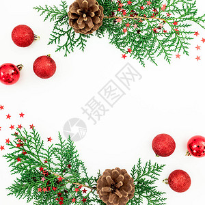 圣诞框架松树枝和红球装饰白图片