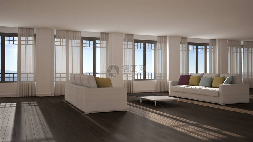 带沙发室内设计的开放空间现代客厅带窗帘和海景大全景窗户的休息室镶木地板灰泥模制墙图片