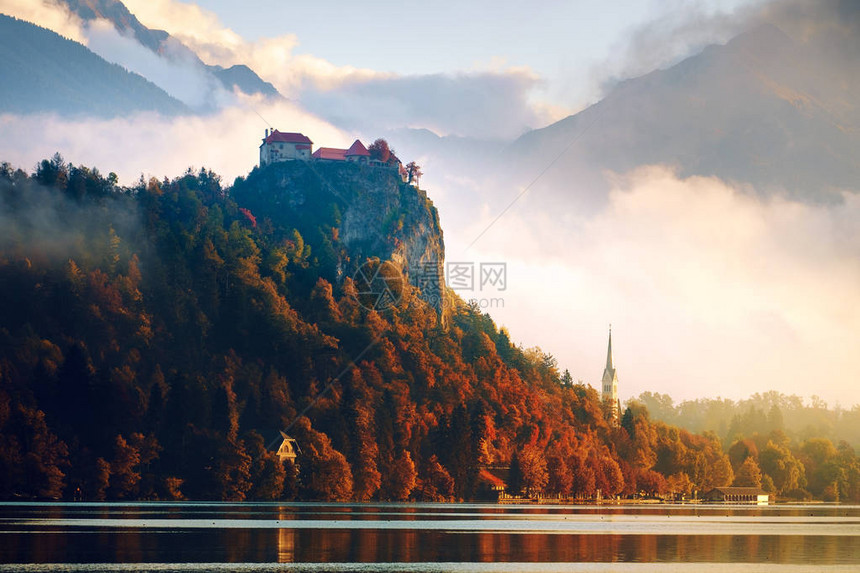 早上中世纪布莱德城堡在斯洛文尼亚图片