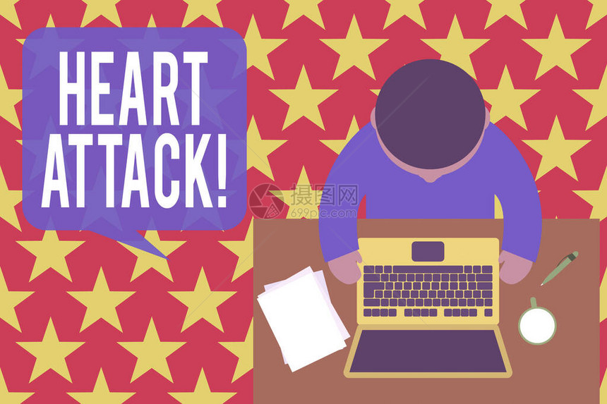 文字书写文本心脏病发作商业照片显示突然发生冠状动脉血栓形成导致上视年轻人坐在工作台笔记本电脑图片