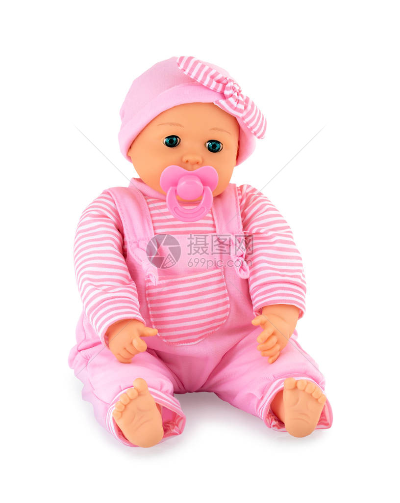 毛绒娃与蓝色闪亮的眼睛隔离在白色背景与阴影坐在可爱的粉红色布娃与安抚奶嘴在白色背景上带小指帽和假人的图片