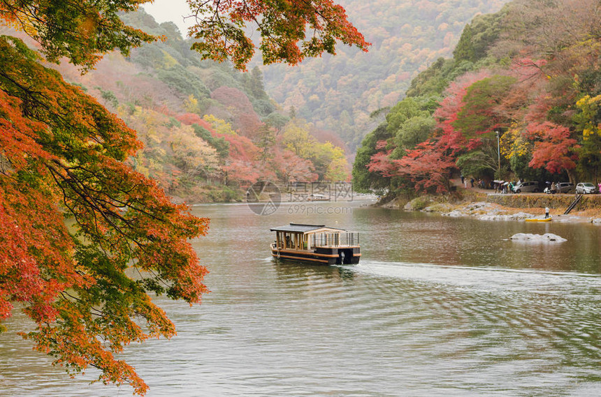 沿日本京都市阿拉希山的Katsura河航行的帆船与秋季图片