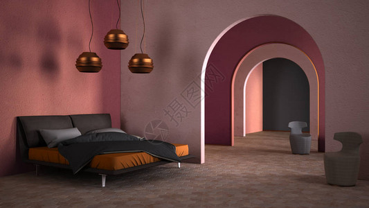 经典形而上学超现实主义室内设计带陶瓷地板的卧室开放空间带灰泥色墙壁和彩色扶手椅的拱门不寻常的建背景图片