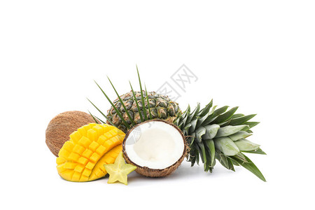 白底孤立的菠萝椰子芒果卡兰图片