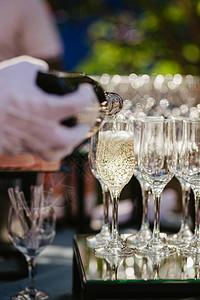 手拿着白手套倒香槟戴着白手套的服务员把香槟杯倒在背景图片