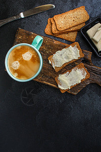 健康早餐咖啡和三明治美味零食菜单概念食物背景顶视图片