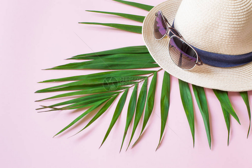 绿色棕榈叶粉红海滩帽和日墨镜图片