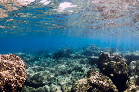 珊瑚和太阳光线的水下场景热带蓝色海洋图片