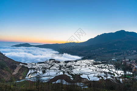 雾海云的元阳小村庄和梯田图片