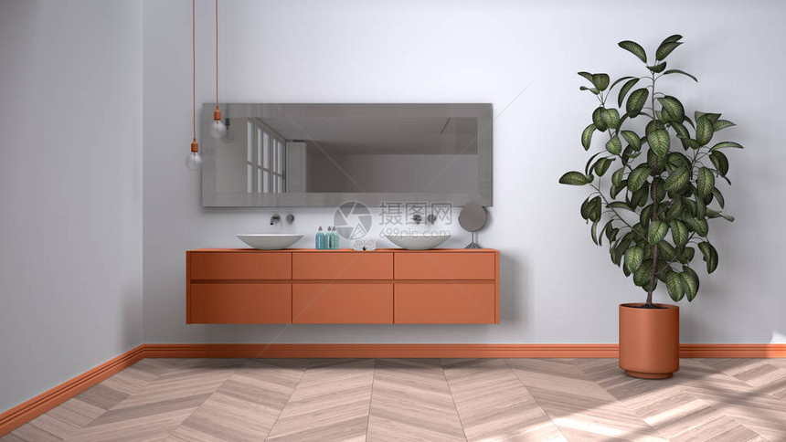 宽敞的橙色调浴室配有人字形镶木地板特写带毛巾和美容瓶的双水槽镜子盆栽简约的图片