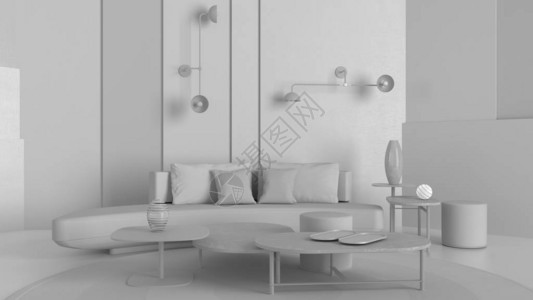 白色项目总草案现代客厅沙发休息室咖啡桌和食堂面板地毯墙灯背景与复制空间内部设计背景图片