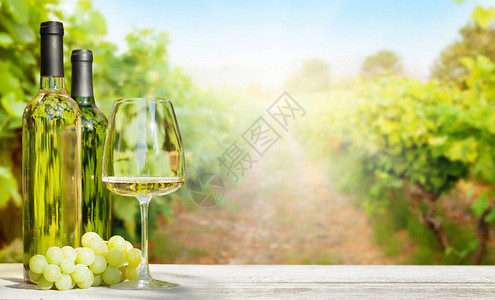 白葡萄和白葡萄酒装在瓶子和玻璃杯中图片