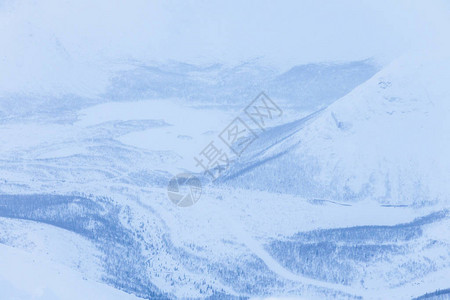 雪地的风景从山上的雪峰到带白树图片