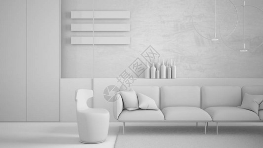 全白色项目草图现代客厅沙发扶手椅地毯混凝土墙面板和装饰吊灯室内设计氛背景图片