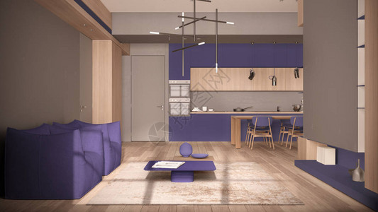 极简主义客厅和厨房采用紫罗兰色调图片