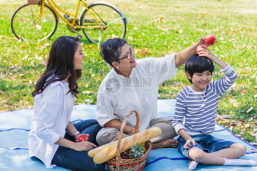 快乐的亚洲家庭周末或假期在公园里休闲或野餐祖母女儿和孙子正处于爱和放松的美好时刻家庭世图片
