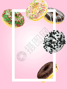 美味的糕点早餐带文字框架的飞饼干圆甜圈以粉红色背景图片