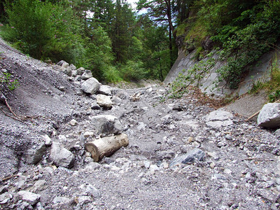 莱茵河谷Rheintal上方季节高山激流干涸的河床列图片