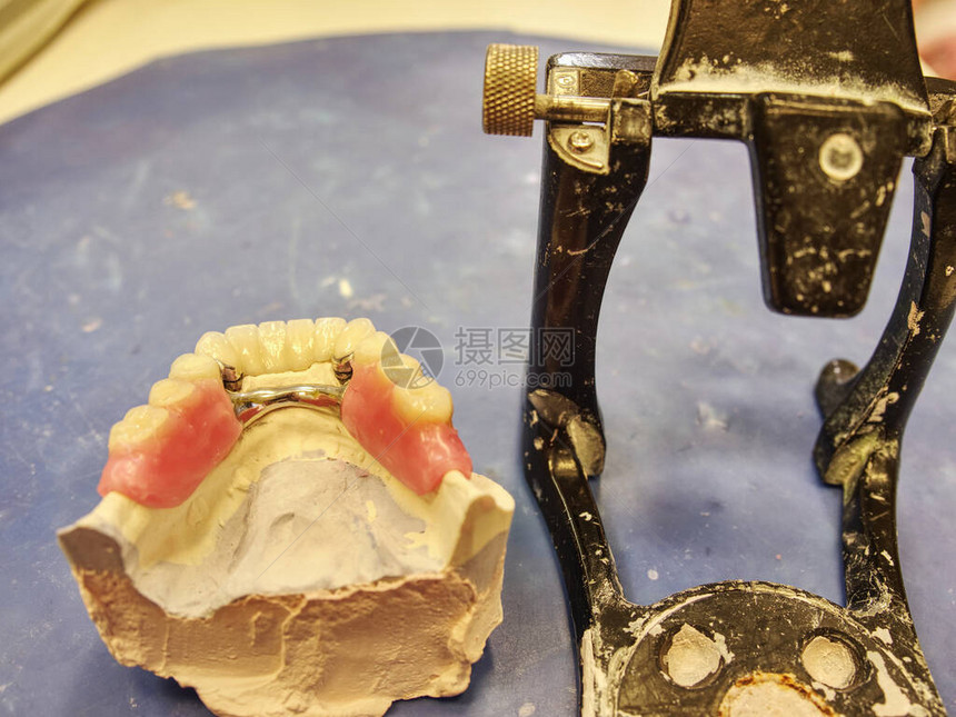 蓝牙桌背景上有牙齿模型的可调整牙图片