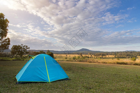 在森林附近绿地上的蓝露营帐篷图片