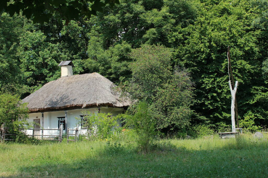 旧乌克兰小屋顶盖有Reed屋顶图片